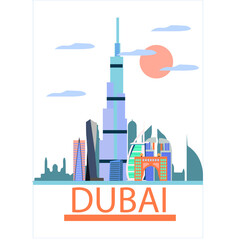 Dubai famous city scape. Flat well known silhouettes. Vector illustration 