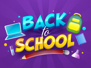 3D Glossy Back To School Text with Laptop, Backpack, Pencil, Test Tube and Notebook on Purple Rays Background.