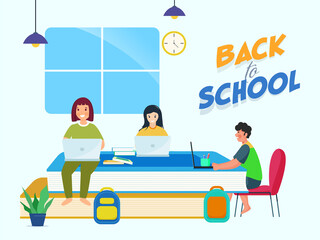 Cartoon Boy and Girls Studying from Laptop with Books, Backpacks at Home for Back To School Concept.
