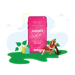 Online Summer Sale App in Smartphone with 50% Discount Offer, Cartoon Dog, Young Girl Drinking Soft Drink on Folding Chair.