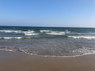 Sea waves on the shoreline of the beach in Ennore, Tamil nadu