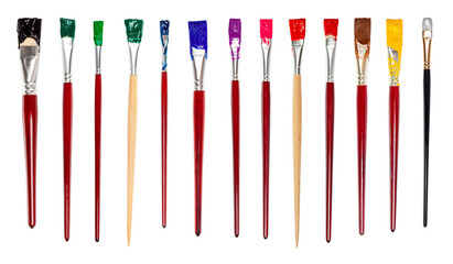 set of flat paint brushes with various colored tips isolated on white background