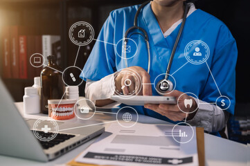 medical technology concept,smart doctor hand working with modern laptop computer with virtual icon diagram