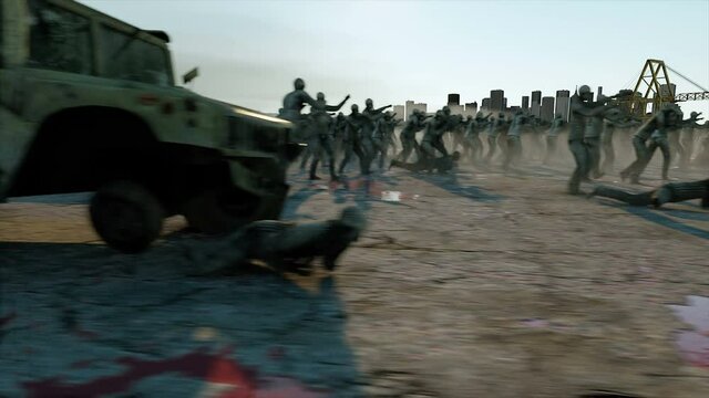 horror zombie crowd walking. Apocalypse view, concept. Realistic 4K animation.