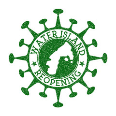 Water Island Reopening Stamp. Green round badge of island with map of Water Island. Island opening after lockdown. Vector illustration.