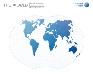 World map in polygonal style. Ginzburg VI projection of the world. Blue Shades colored polygons. Beautiful vector illustration.