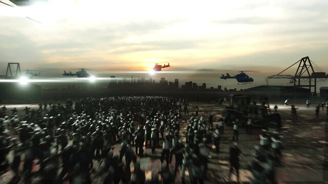 horror zombie crowd walking. Apocalypse view, concept. Realistic 4K animation.