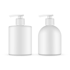 Antibacterial hand soap, gel, sanitizer mockup isolated on white background. Vector illustration