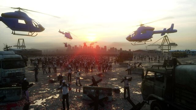 horror zombie crowd walking. Apocalypse view, concept. Realistic 4K animation.