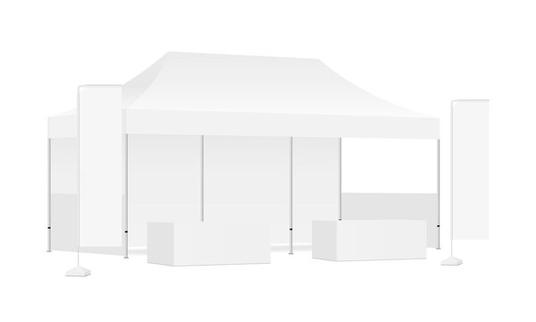 Pop up rectangular canopy tent, two flags, demonstration tables. Equipment for busines events, exhibitions. Vector illustration