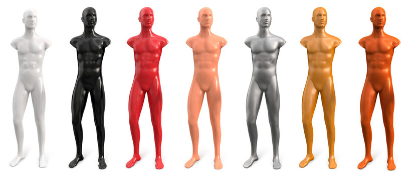 Set of male slender mannequins without arms white, black, red, beige, gold, silver, bronze color. Male naked body. Mannequin without clothes. Vector illustration isolated on white