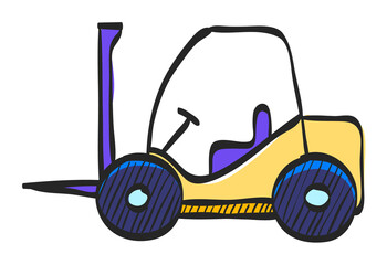 Forklift icon in color drawing. Industrial vehicle work warehouse shipping inventory