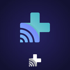 Cross health technology symbol with network signal symbol