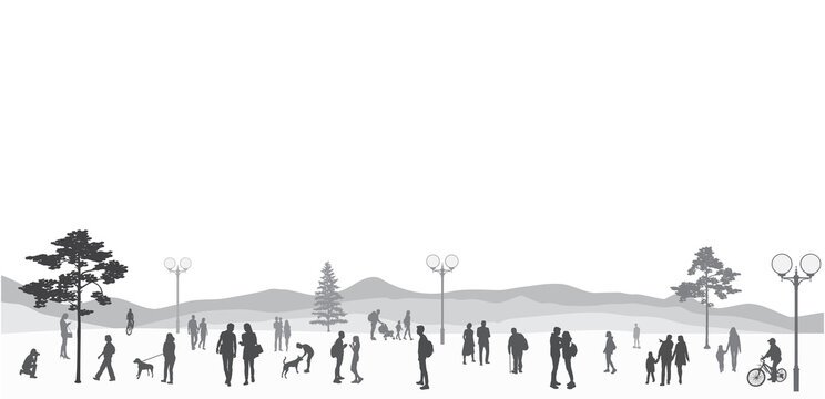 Silhouettes of people, men, women and teenagers walking, riding a Bicycle, families with children in a city Park against the background of mountains, black colors isolated on a white background