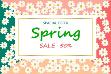 Spring sale background with blooming cosmos colorful flower. Illustration template, banners. Wallpaper, flyers, invitation, posters, brochure, voucher discount.