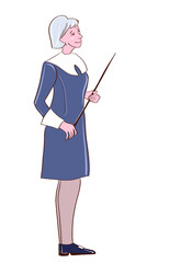 Illustration. A schoolteacher stands and points with a pointer. Vector, on a white background.