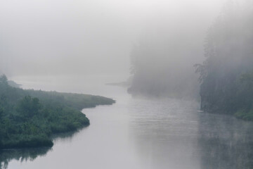 Morning mist on the water of a forest river.