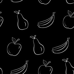 seamless pattern with fruits (apple, pear, banana) drawn outline
