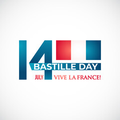 Happy Bastille Day, 14 July. Vive la France! Decorative French flag ribbon. Typographic banner. Vector illustration.