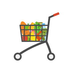 shopping cart on wheels with products in flat style, color, vector, isolated illustration on a white background, design, decoration, icon