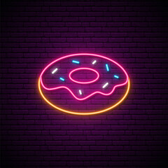 Delicious donut neon banner. Dessert food. Bright and shiny signboard. Stock vector illustration.