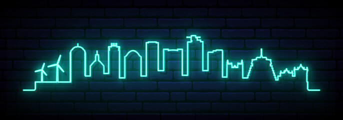 Blue neon skyline of Wellington city. Bright Wellington long banner. Vector illustration.