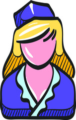 Stewardess avatar icon in color drawing. Transportation aviation flight attendant service