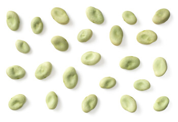 dried green broad beans isolated on white backround, top view