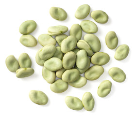 dried green broad beans isolated on white backround, top view