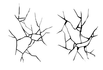 Crack vector isolated elements. Black and white texture. Broken ground wall glass pattern effect. Damage glass background. Earthquake isolated concrete. Break fissure crash land. Grunge kintsugi crack