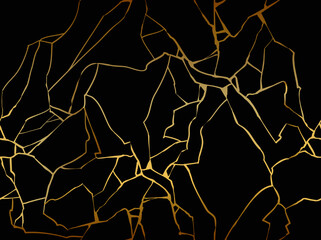 Gold kintsugi crack vector seamless pattern on black background. Golden texture. Broken marble luxury stone pattern effect. Foil wallpaper glitter graphic. Wedding card template. Cover surface