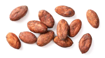 Fototapeten dried unpeeled cocoa beans isolated on white background, top view © Amy Lv