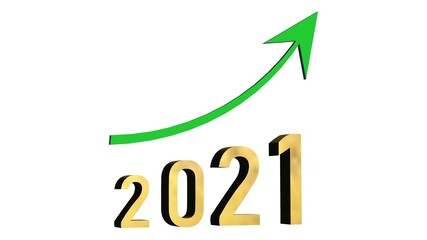 Year 2021 in golden digits under a green ascending arrow - isolated on white background - 3D illustration