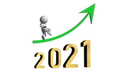 Year 2021 in golden digits under a green ascending arrow with 3D people - isolated on white background - 3D illustration