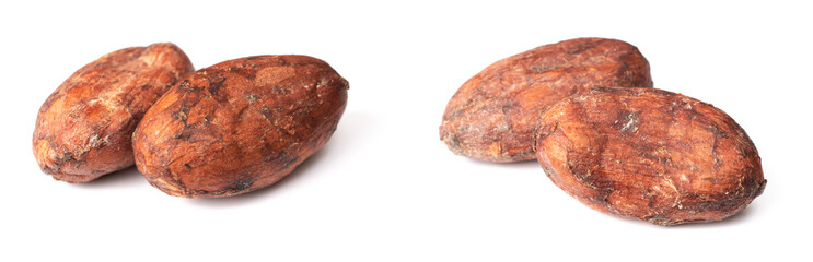 dried unpeeled cocoa beans isolated on white background
