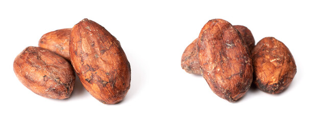 dried unpeeled cocoa beans isolated on white background