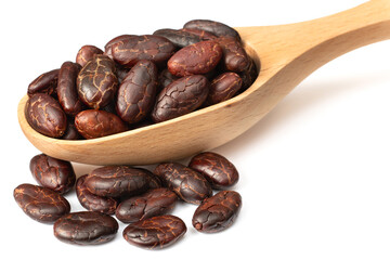 peeled cocoa beans in the wooden spoon, isolated on white background