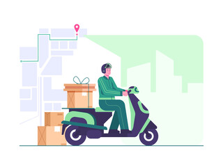 delivery by scooter concept illustration. tracking courier by map application. on the way delivery concept illustration