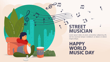 Banner street musician world music day Poster a Man plays a big drum next to a plant notes icons flat vector illustration cartoon © svarog19801