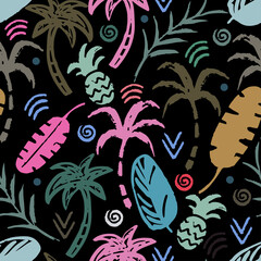 Palm trees, leaves, pineapples seamless pattern. Summer background