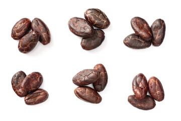 peeled cocoa beans isolated on white background, top view