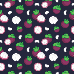 Mangosteen fruit background seamless repeat pattern. Summer colorful tropical textile print. Surface pattern design.