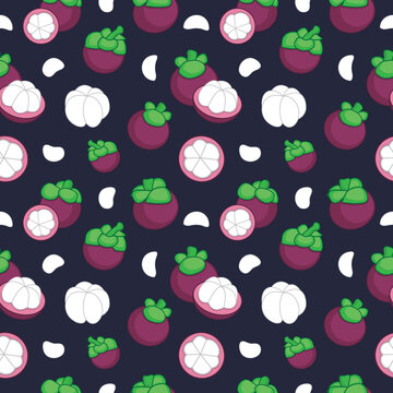 Mangosteen fruit background seamless repeat pattern. Summer colorful tropical textile print. Surface pattern design.
