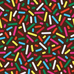 Fototapeta na wymiar Rainbow sprinkles sugar strands seamless pattern. Perfect for sweets and cakes themed backgrounds, pastries wallpaper, desserts packaging, scrapbooking, or giftwrap projects. Surface pattern design.