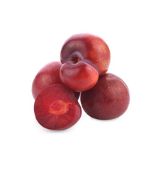 Plums plum prunes prune slice leaves fruits fruit isolated on a white background