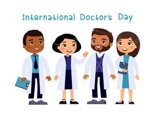 International Doctors`s Day concept. Multicultural medical workers  smiling and waving. Cute cartoon characters. Flat vector on white background.