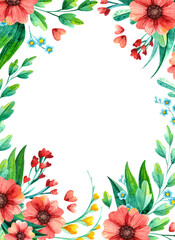 Fototapeta na wymiar Empty frame with bright spring flowers hand drawn illustration. Botanical border watercolor drawing. Vertical blank frame with bouquets isolated on white background