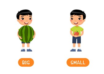 BIG and SMALL antonyms word card vector template. Flashcard for english language learning. Opposites concept. Little asian boy hold watermelon and an apple in his hands. Illustration with typography