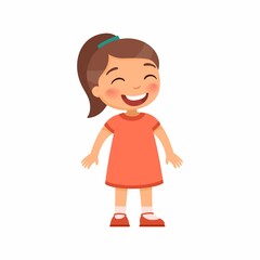 Laughing little girl flat vector illustration. Cheerful child  with a smile on face standing alone cartoon character. Lonely kid in good mood, person happy expression isolated on white background