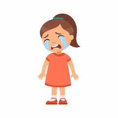 Obraz premium Crying sad little girl flat vector illustration. Upset child with tears on face standing alone cartoon character. Lonely kid in bad mood, person unhappy expression isolated on white background